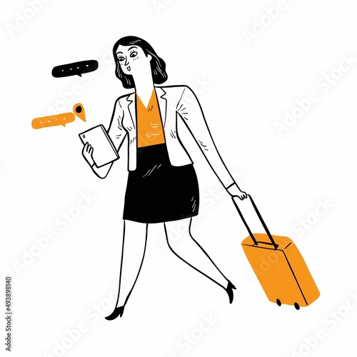 Young business woman or employee dragging the suitcase along with type text message with smartphone.