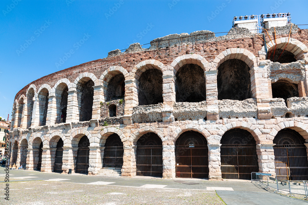 View of the ancient Roman amphitheater in Piazza Bra in Verona. Italy