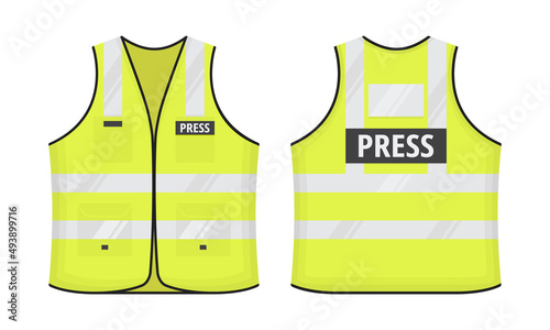 Safety reflective vest with label PRESS tag flat style design vector illustration set. Yellow fluorescent security safety work jacket with reflective stripes. Front and back view road uniform vest.
