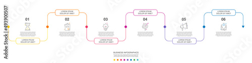 Vector line infographics with 6 options. Business timeline template with six steps and icons. Graphic timeline for a project on white background