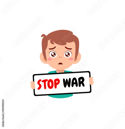 little kid holding anti war sign and feel sad