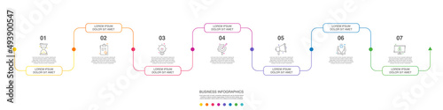 Vector line infographics with 7 options. Business timeline template with seven steps and icons. Graphic timeline for a project on white background
