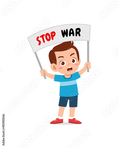 little kid holding anti war sign and feel sad