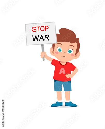 little kid holding anti war sign and feel sad