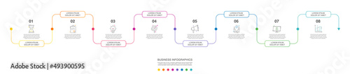 Vector line infographics with 8 options. Business timeline template with eight steps and icons. Graphic timeline for a project on white background