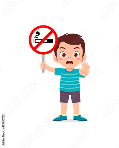 cute little kid holding board about smoking