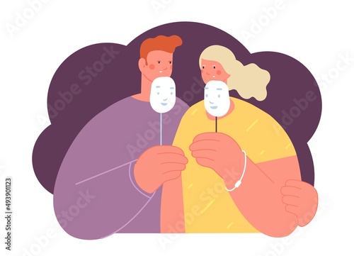 Fake relationship. People with emotional masks, liars together. Artificial senses, man and woman hugging hiding real emotions, vector characters