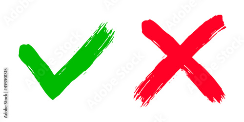 Dirty grunge hand drawn with brush strokes cross x and tick OK check marks set vector illustration isolated on white background. Check mark symbol NO and YES buttons for vote box, web, etc.