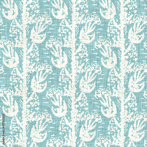 Aegean teal mottled flower linen texture background. Summer coastal living style 2 tone fabric effect. Sea green wash distressed grunge material. Decorative floral motif textile seamless pattern