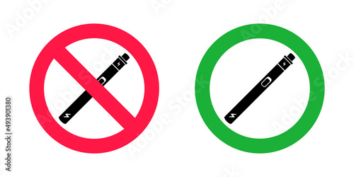 No vaping and vaping area signs. Red forbidden and green allowed circles signs icon isolated on white background vector illustration. Vape and smoke prohibition and green access circles set.