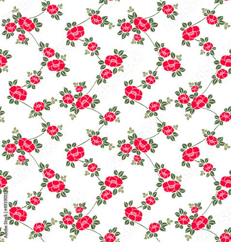 Japanese Red Flower Vine Zigzag Vector Seamless Pattern