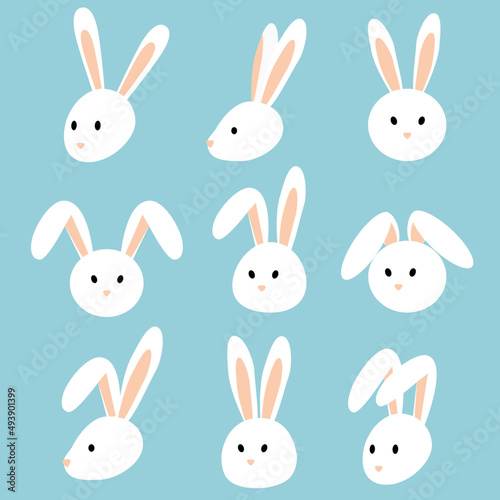 Set of rabbit head. White bunny collection. Flat design.