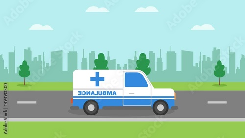 Ambulance car moving with cityspace background photo