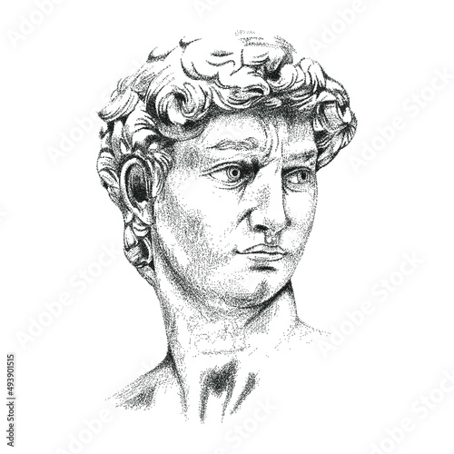Head portrait of young King David of Judah and Israel isolated on white background. Dot graphics.
