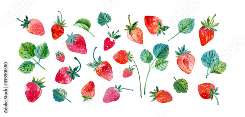 Collection of strawberries and strawberry leaf in collage style. Watercolor modern hand drawn set isolated on white background for postcards, invitations, textiles, food design