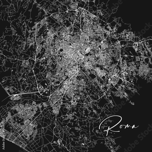 black silhouette of city map of Rome in Italy. Stock vector illustration isolated on black background.