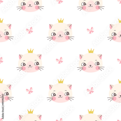 Cat princess seamless pattern. Kitty in gold crown, cute funny print for girl. Childish nursery graphic, baby fabric art template. Nowaday cartoon vector background