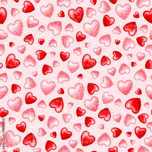 Seamless pattern for Valentine's Day. Collection of watercolor hearts. Lovely romantic background for fabric, wallpaper, textile, wrapping