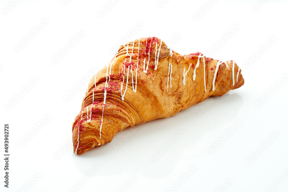Croissant with custard on white background