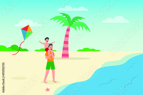 Leisure time vector concept. Father giving piggyback ride to his son on the beach while playing kite together