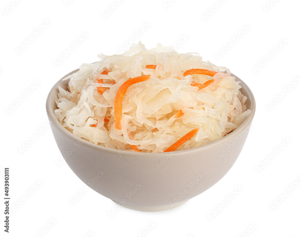 Bowl of tasty fermented cabbage with carrot isolated on white Bowl of tasty fermented cabbage with carrot isolated on white