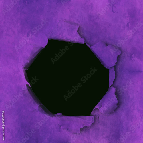 Purple watercolor paper texture with dark hole. Destroyed surface. 