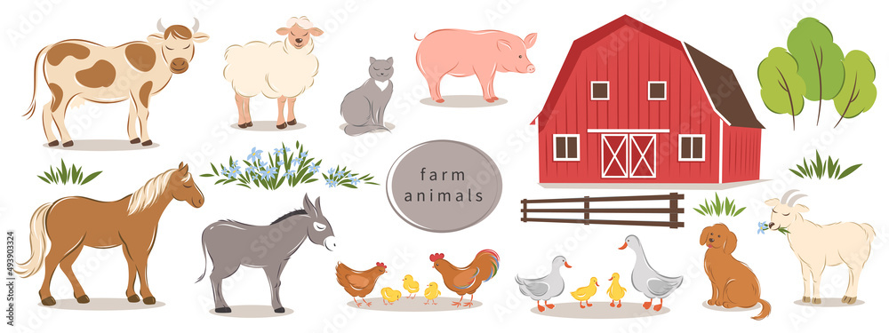 Farm animals set, farm and bushes on white background. Cartoon domestic animals collection. Vector illustration. - obrazy, fototapety, plakaty 