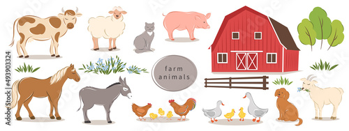Farm animals set, farm and bushes on white background. Cartoon domestic animals collection. Vector illustration. © Tatiana Bass