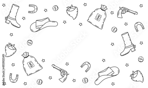 Frame wild west set of vector illustrations. Cowboy western elements icon. hat, neckerchief, boots, horseshoe, bag and money, pistol.