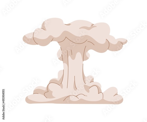 Blast cloud after bomb explosion. Big bang. Exploding, bursting silhouette. Mushroom-shaped boom outburst. Detonation effect with dust, fume puff. Flat vector illustration isolated on white background