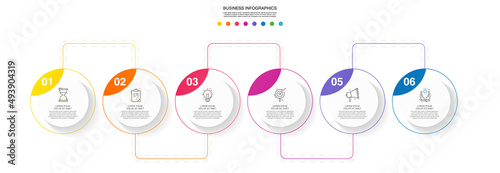 Vector line infographics with 6 circles. Business concept graphic process template with six steps. Graphic timeline for app, website, interface, chart, levels, web, diagram, banner, presentations