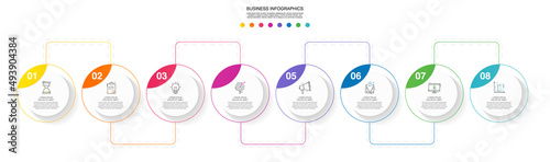 Vector line infographics with 8 circles. Business concept graphic process template with eight steps. Graphic timeline for app, website, interface, chart, levels, web, diagram, banner, presentations