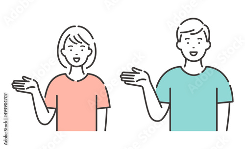 カラーTシャツを着た若い男性と女性　案内するポーズ