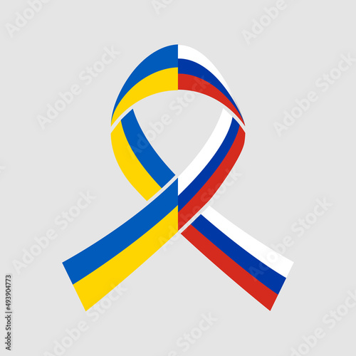 War in Ukraine. Flag of Ukraine. Flag of Russia. Awareness ribbon in colos of ukrainian and russian flags isolated. Vector illustration. EPS10.