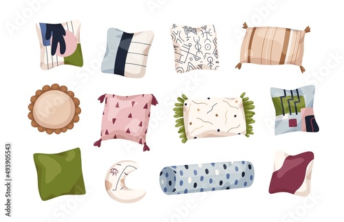 Cosy decorative cushions designs. Pillows set for interior decor, comfortable rest. Modern comfy ornamental soft pads for sofa. Colored flat graphic vector illustrations isolated on white background