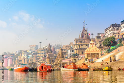 Morning view at holy ghats of Varanasi, India photo