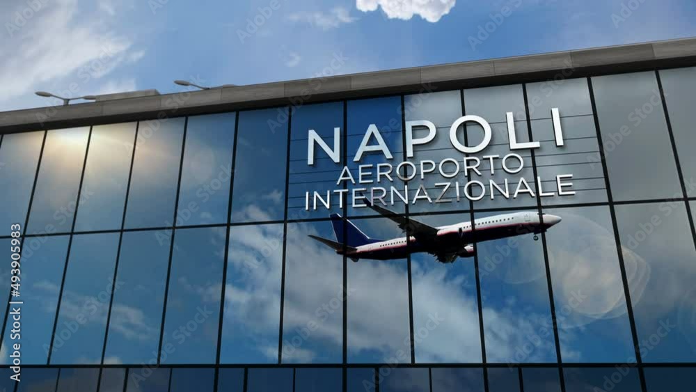 Jet aircraft landing at Napoli (Naples), Italy 3D rendering animation. Arrival in the city with the glass airport terminal and reflection of the plane. Travel, business, tourism and transport concept.