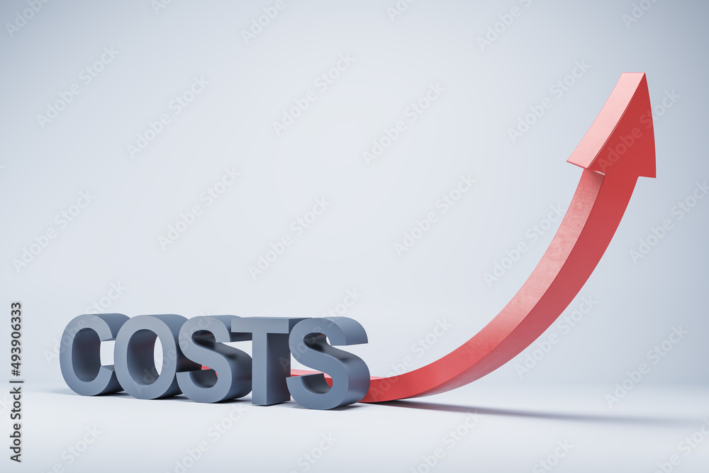 Growing red costs arrow on white background with mock up place. Crisis and decline concept. 3D Rendering. Growing red costs arrow on white background with mock up place. Crisis and decline concept. 3D Rendering.