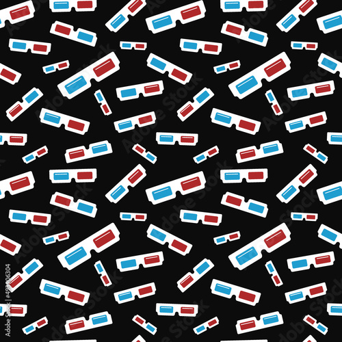 Pattern paper 3d glasses. Vector seamless dark background with anaglyph glasses from 90s. Flat pattern illustration