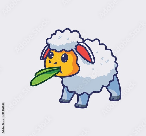 cute sheep eating leaf. isolated cartoon animal nature illustration. Flat Style suitable for Sticker Icon Design Premium Logo vector. Mascot Character