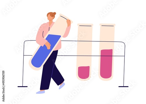 Lab test, research. Scientist during medical samples analysis. Chemical expert at scientific experiment with glass tubes in laboratory. Flat graphic vector illustration isolated on white background