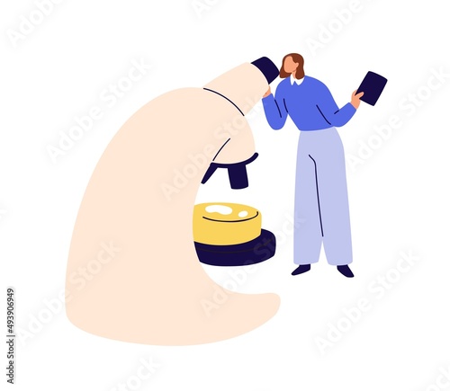 Scientist looking through microscope for medical lab research. Science test and analysis concept. Scientific laboratory expertise and study. Flat vector illustration isolated on white background