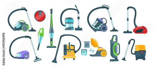 Vacuum cleaner equipment cartoon set. Washing robot cyclone and car vacuum cleaner.