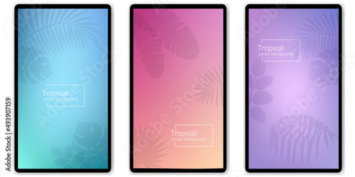 Vertical banner set with tropical leaves shadow on twilight blue, sunset pink and very peri purple background. Realistic overlay transparent palm leaves. Vector mock up for summer stories design.
