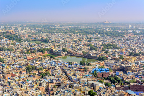 View of Blue city Jodhpur from Mehrangarh Fort, Jodhpur, Rajasthan, India .	 photo