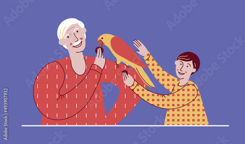 Grandfather and grandson with big parrot