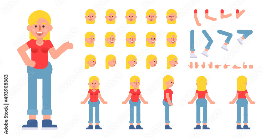 Cheerful woman, young lady creation kit. Create your own action, pose, animation. Modern vector illustration