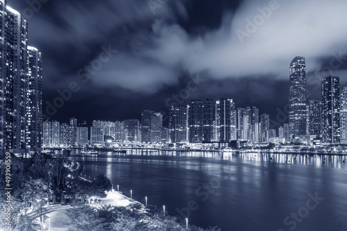 skyline of Harbor in Hong Kong city at night