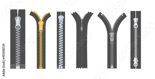 Metallic silver golden zipper with pulls. Realistic differents fastener with pullers for cloth, dress, pants