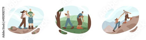 Happy hikers in the mountains in flat style vector set. Illustrations for websites, apps, design and print. Cute characters climb mountains, collect branches for a fire and explore the area.